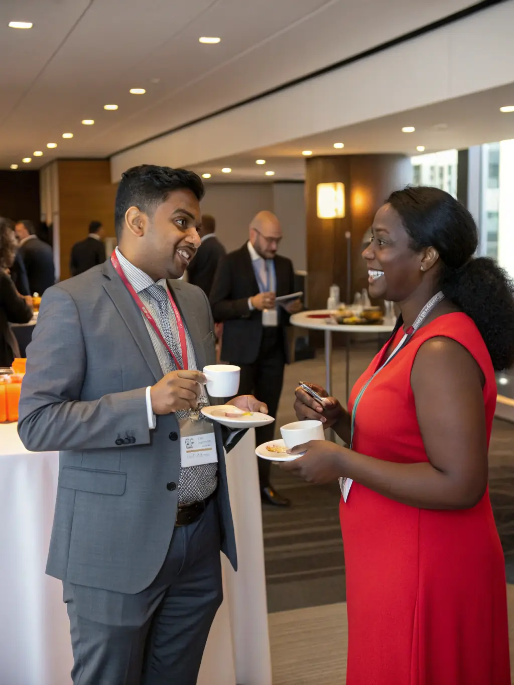 A photograph of attendees networking during a coffee break at a FreshMotion conference, with people exchanging business cards and engaging in conversation.