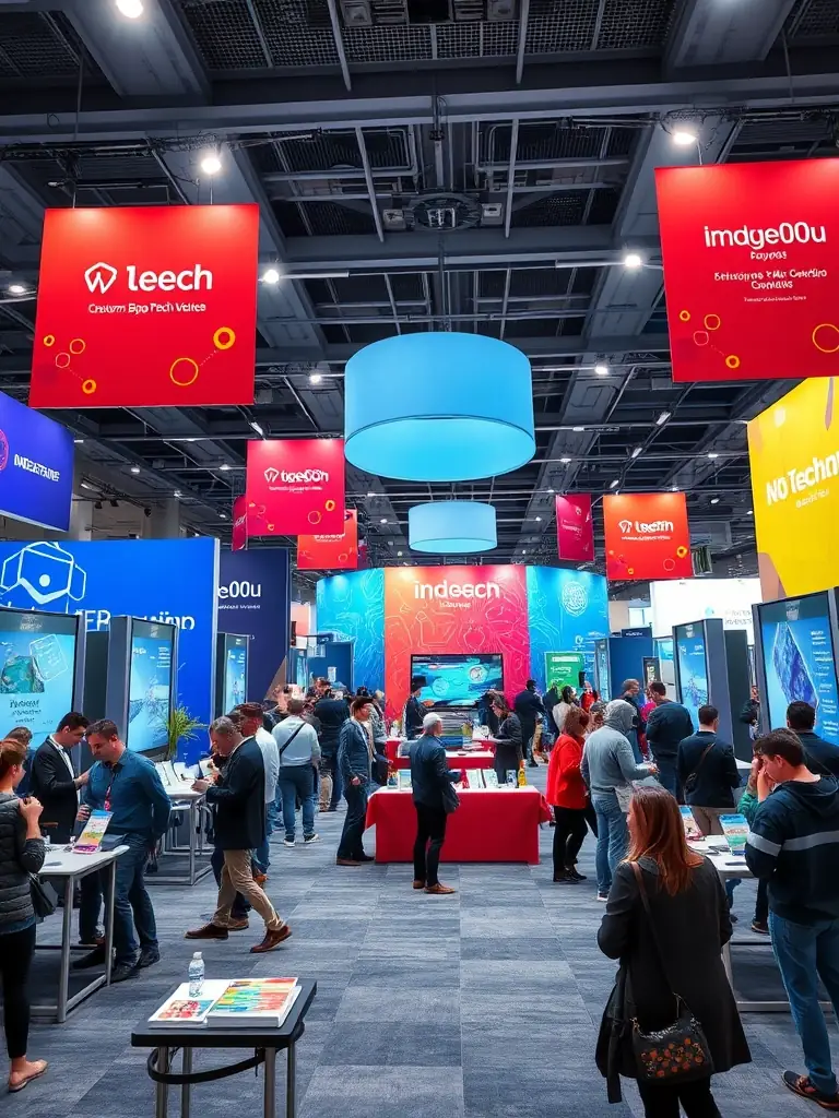 A wide shot of a bustling expo floor at a FreshMotion conference, with startups showcasing their products and services to potential investors and partners.