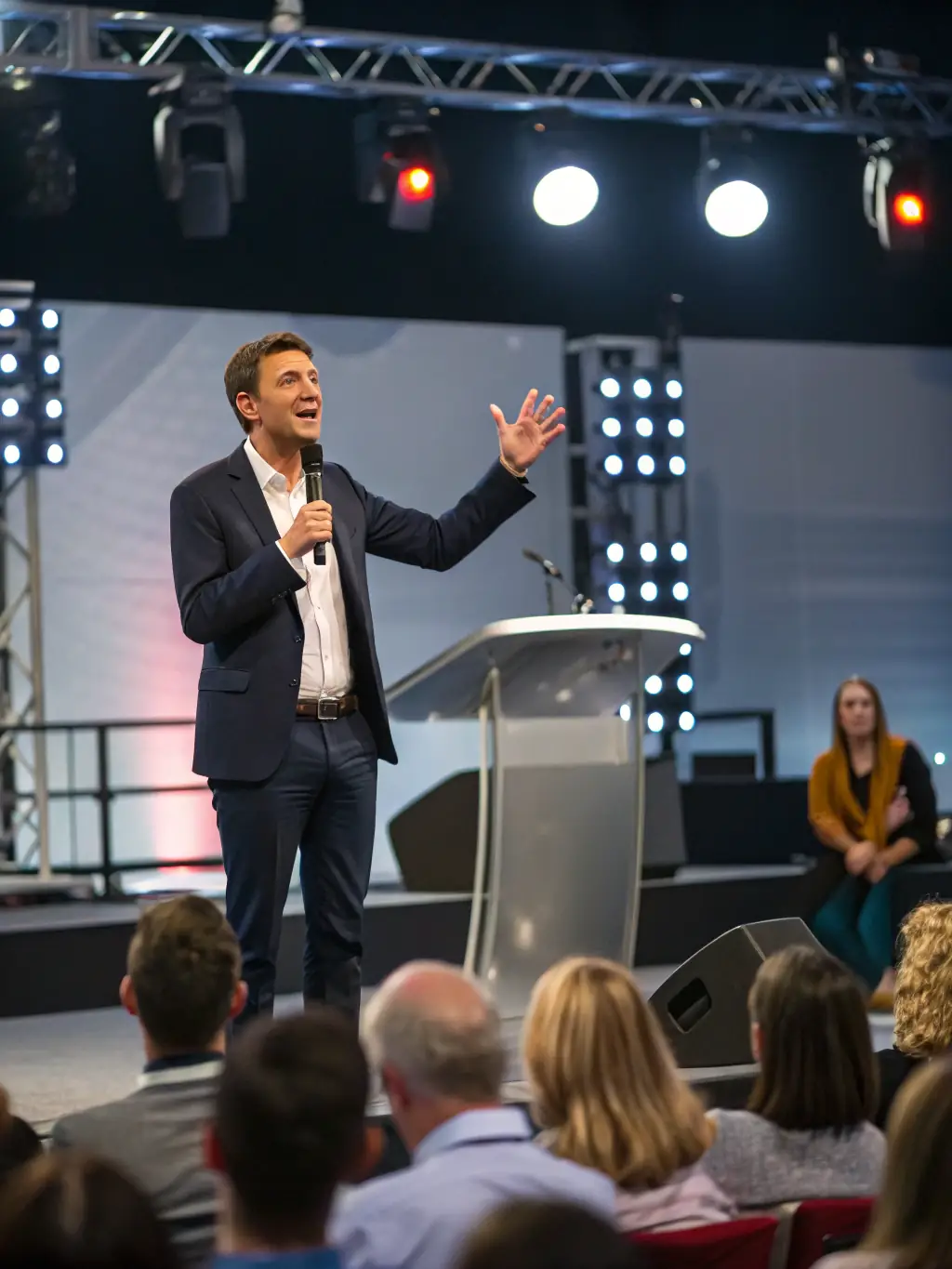 A photograph of the stage at a past FreshMotion conference, with a keynote speaker addressing a large audience. The speaker is gesturing enthusiastically, and the audience is engaged and attentive.